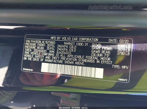 YV4102RLXL1575683 2020 VOLVO XC60 Black Widok komory silnika