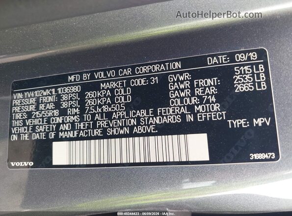 YV4102WK1L1036980 2020 VOLVO V60 CROSS COUNTRY Gray ძრავის განყოფილების ხედი