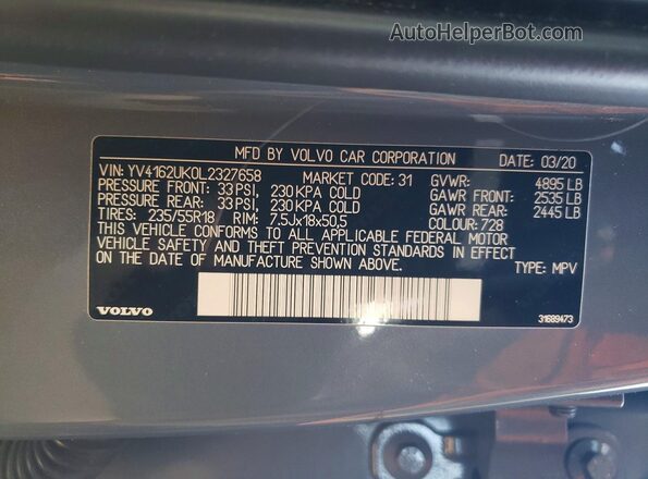 YV4162UK0L2327658 2020 VOLVO C40 Gray Widok naklejki z numerem VIN
