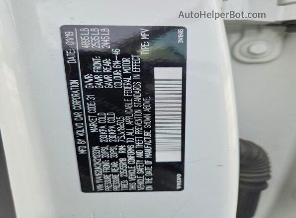 YV4162UK2K2123314 2019 VOLVO XC40 White Вид наклейки з VIN-кодом