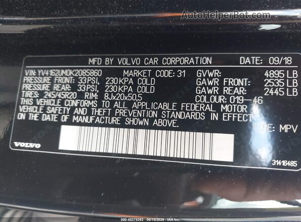 YV4162UM0K2085860 2019 VOLVO XC40 Black Vista del compartimento del motor