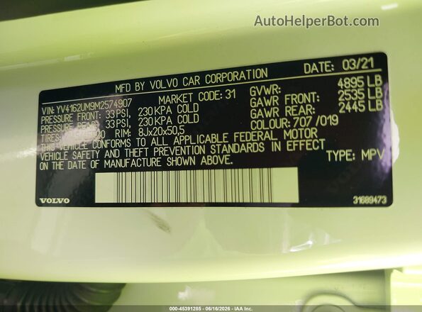 YV4162UM9M2574907 2021 VOLVO XC40 White Widok komory silnika
