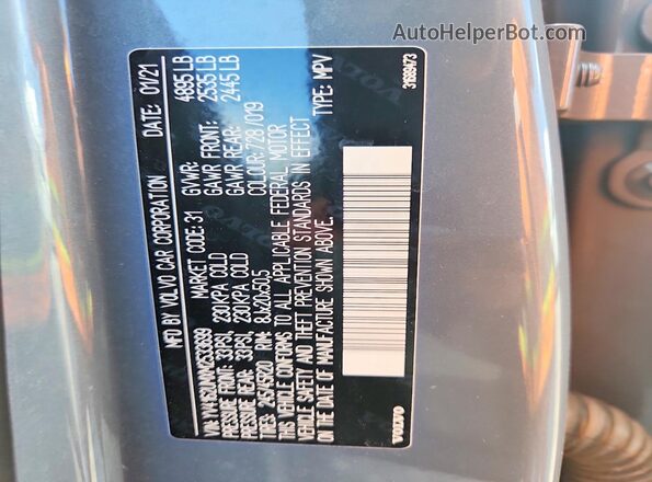 YV4162UMXM2533699 2021 VOLVO XC40 Blue Widok naklejki z numerem VIN