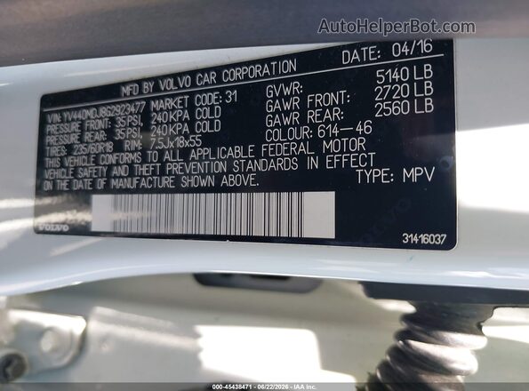 YV440MDJ8G2923477 2016 VOLVO XC60 White Շարժիչի բաժամունքի տեսք