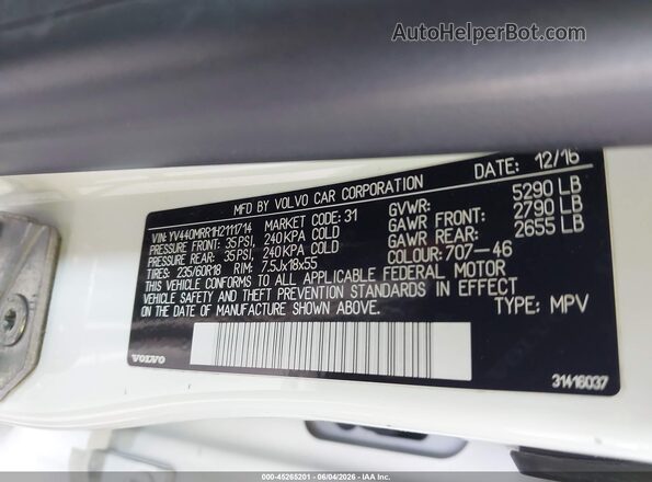 YV440MRR1H2111714 2017 VOLVO XC60 White Widok komory silnika