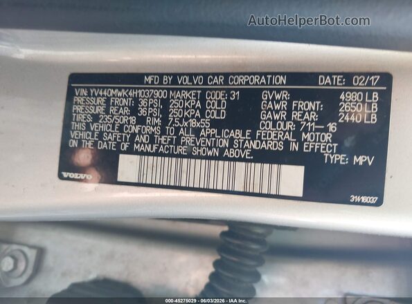 YV440MWK4H1037900 2017 VOLVO V60 CROSS COUNTRY Gray Engine compartment view