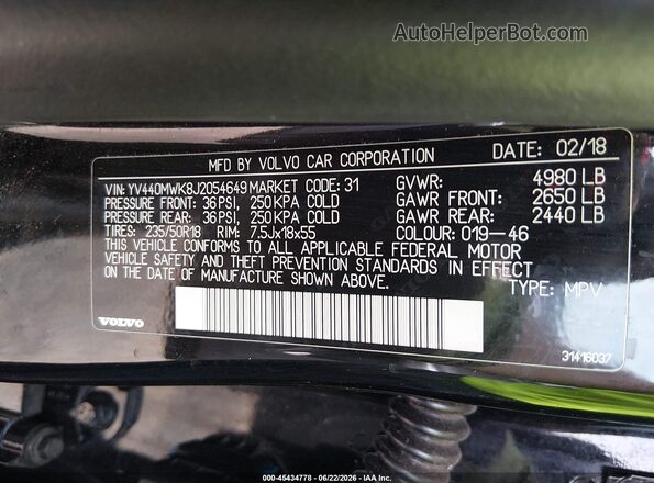 YV440MWK8J2054649 2018 VOLVO V60 CROSS COUNTRY Black Engine compartment view