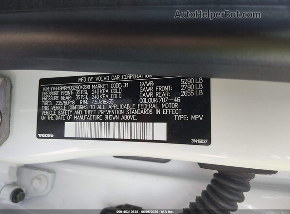 YV449MRM0G2904298 2016 VOLVO XC60 White Engine compartment view