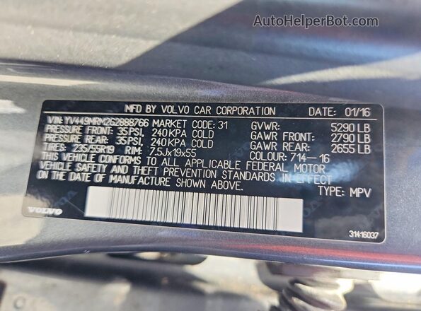 YV449MRM2G2888766 2016 VOLVO XC60 Silver Vista de la etiqueta del VIN
