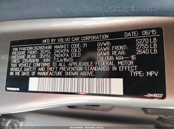 YV4612RK2G2805498 2016 VOLVO XC60 Серебряный Вид подкапотного пространства