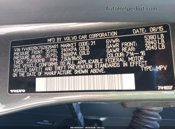 YV4902RK7G2826461 2016 VOLVO XC60 Gray Вид підкапотного простору