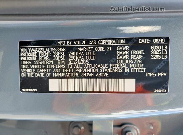 YV4A221L4L1553958 2020 VOLVO XC90 Blue 