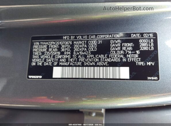 YV4A22PK2G1070876 2016 VOLVO XC90 Gray Widok komory silnika
