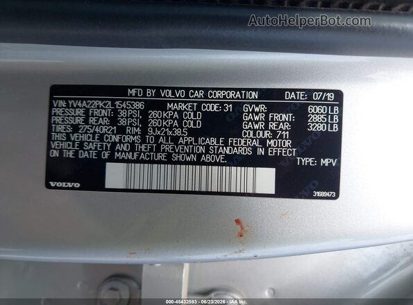 YV4A22PK2L1545386 2020 VOLVO XC90 Silver Вид підкапотного простору