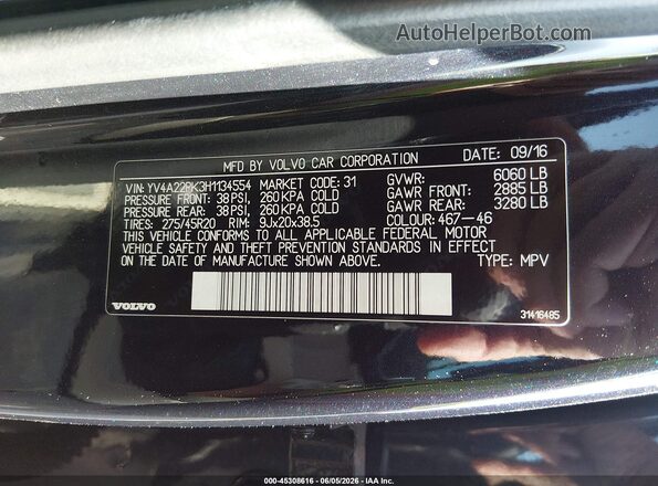 YV4A22PK3H1134554 2017 VOLVO XC90 Blue Engine compartment view