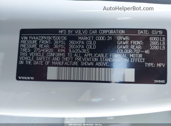 YV4A22PK6K1506136 2019 VOLVO XC90 Белый Вид подкапотного пространства