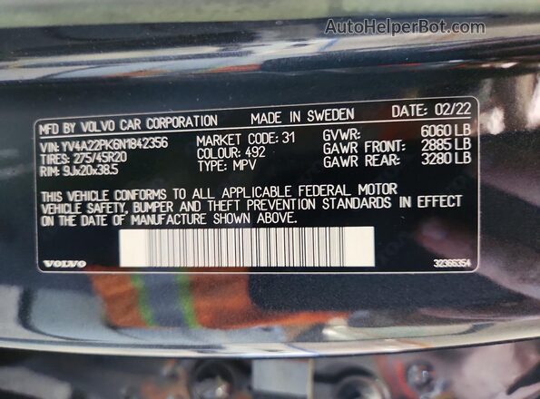 YV4A22PK6N1842356 2022 VOLVO XC90 Gray Панорамний вид салону 360°