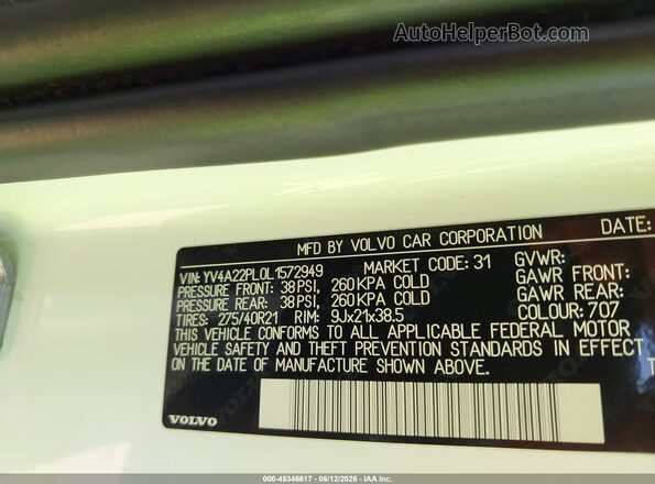YV4A22PL0L1572949 2020 VOLVO XC90 White Widok komory silnika