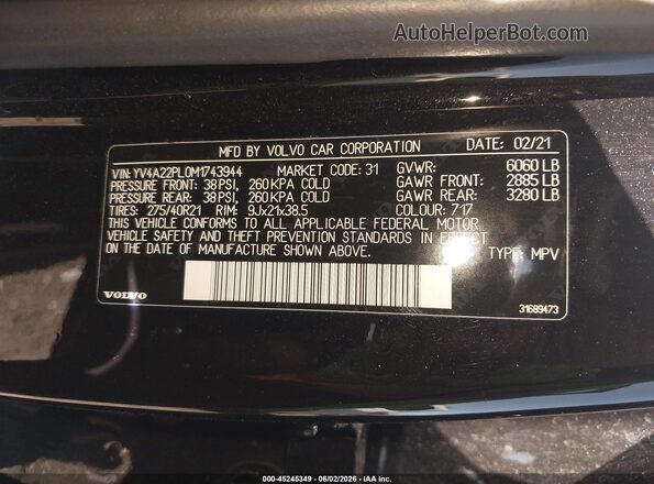 YV4A22PL0M1743944 2021 VOLVO XC90 Black Vista del compartimento del motor