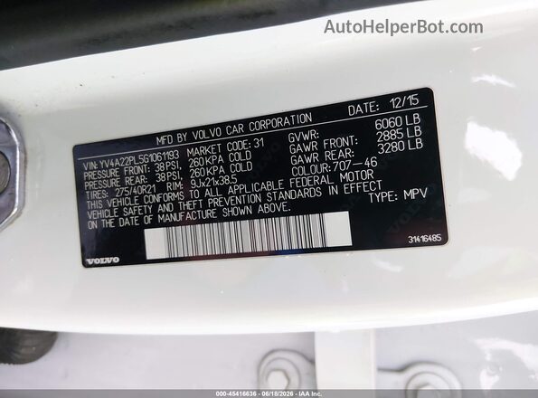 YV4A22PL5G1061193 2016 VOLVO XC90 White Вид підкапотного простору