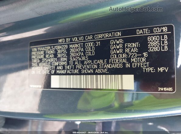 YV4A22PL5J1384229 2018 VOLVO XC90 Blue Շարժիչի բաժամունքի տեսք