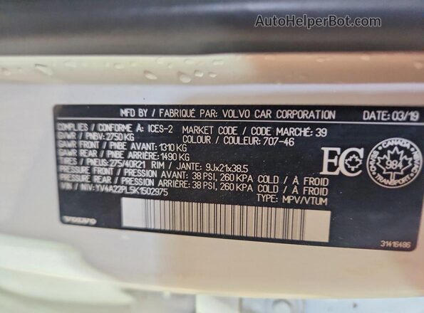 YV4A22PL5K1502975 2019 VOLVO XC90 White VIN sticker view