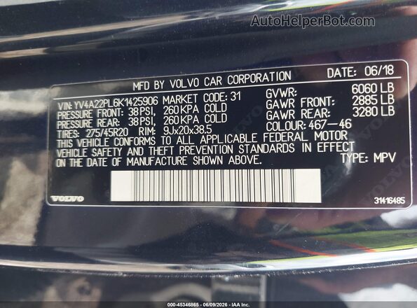 YV4A22PL6K1425906 2019 VOLVO XC90 Black ძრავის განყოფილების ხედი