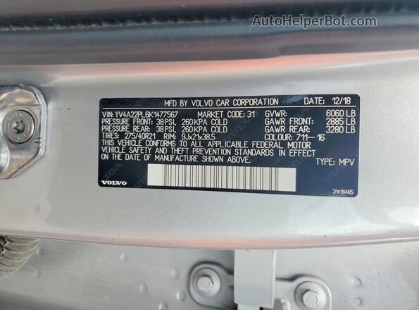 YV4A22PL6K1477567 2019 VOLVO XC90 Silver Vista de la etiqueta del VIN