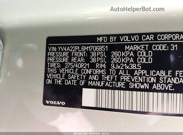 YV4A22PL6M1706851 2021 VOLVO XC90 Silver Շարժիչի բաժամունքի տեսք