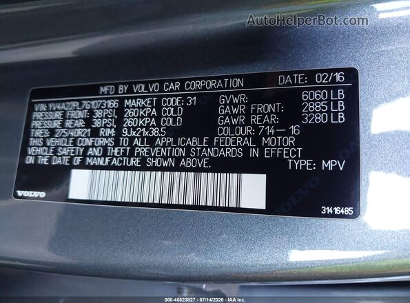 YV4A22PL7G1073166 2016 VOLVO XC90 Gray Вид підкапотного простору