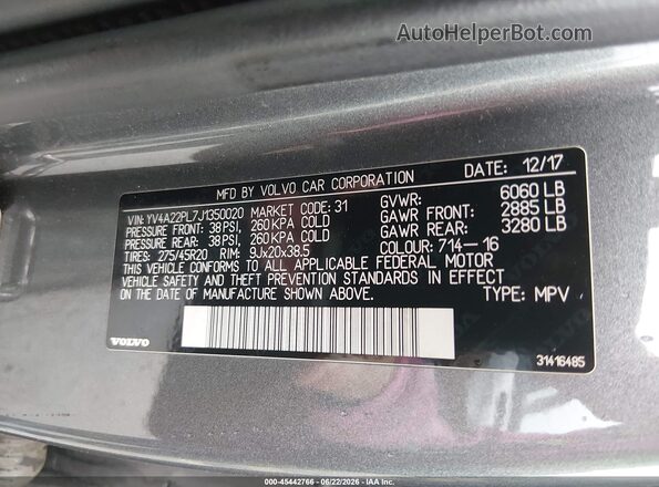 YV4A22PL7J1350020 2018 VOLVO XC90 Gray Widok komory silnika