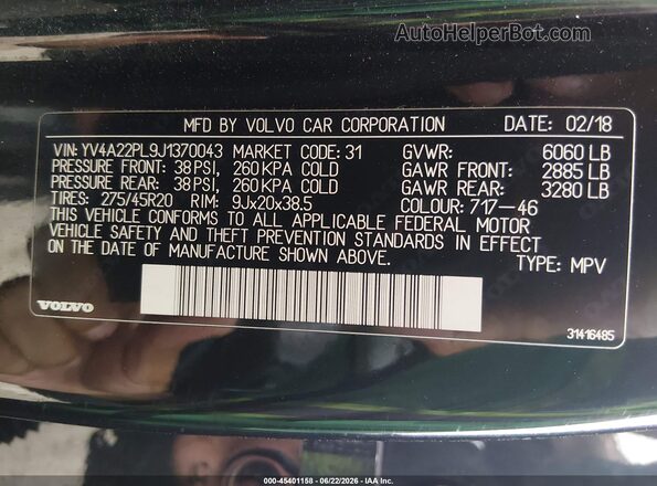 YV4A22PL9J1370043 2018 VOLVO XC90 Black 
