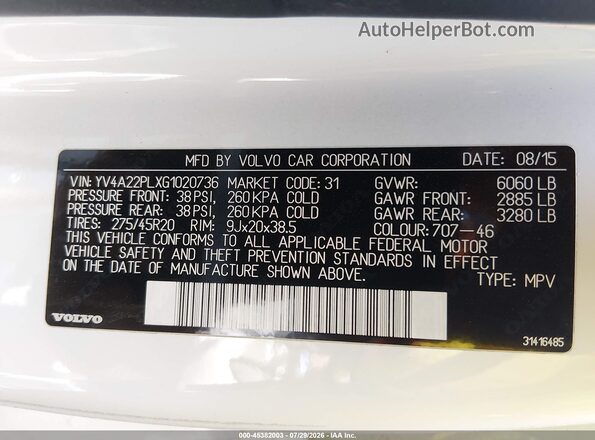 YV4A22PLXG1020736 2016 VOLVO XC90 White Vista del compartimento del motor