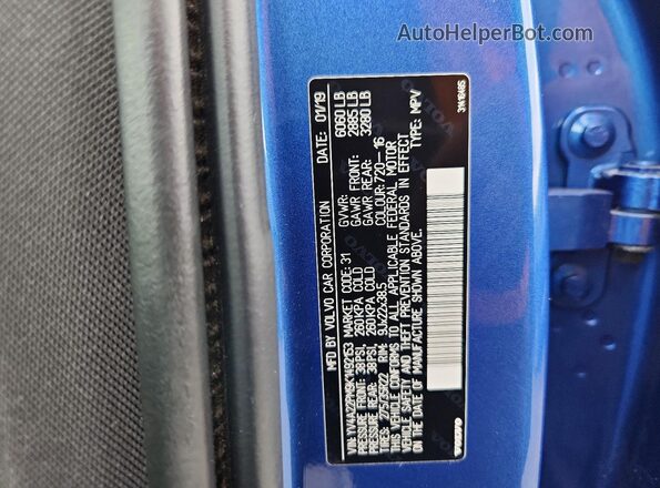 YV4A22PM9K1492153 2019 VOLVO XC90 Blue Вид наклейки з VIN-кодом