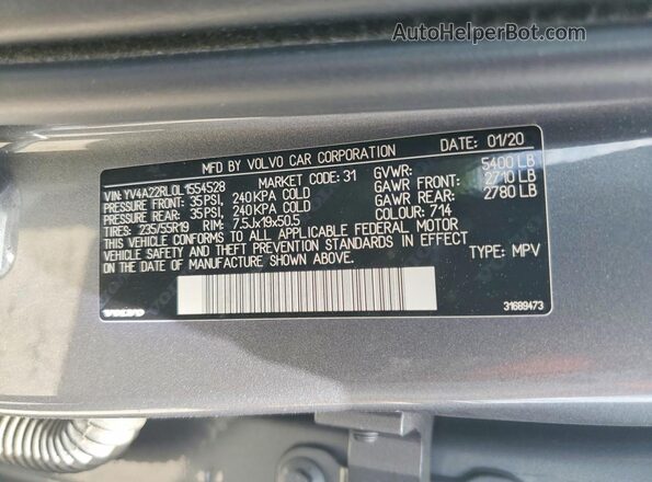 YV4A22RL0L1554528 2020 VOLVO XC60 Gray Widok naklejki z numerem VIN