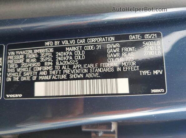 YV4A22RLXM1881536 2021 VOLVO XC60 Blue VIN կոդի պիտակի տեսք