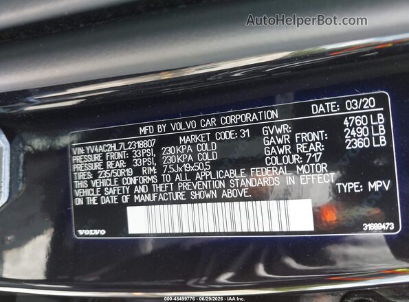 YV4AC2HL7L2318807 2020 VOLVO XC40 Black Շարժիչի բաժամունքի տեսք