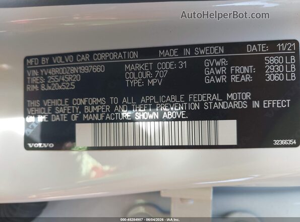 YV4BR0DZ8N1997660 2022 VOLVO XC60 RECHARGE PLUG-IN HYBRID Белый Вид подкапотного пространства