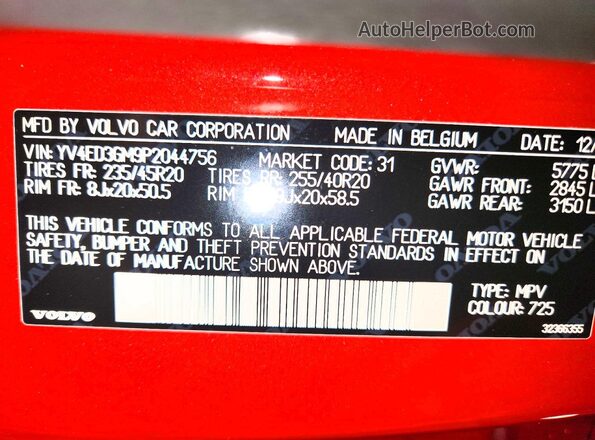 YV4ED3GM9P2044756 2023 VOLVO C40 Red Vista de la etiqueta del VIN