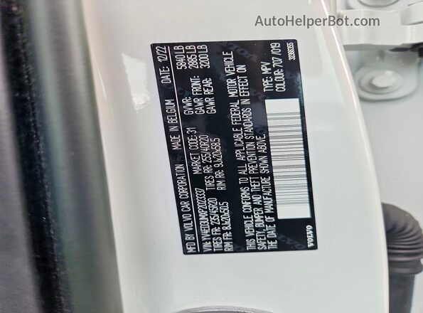 YV4ED3UMXP2023337 2023 VOLVO XC40 White VIN კოდის სტიკერის ხედი