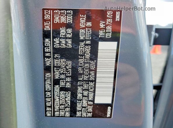 YV4ED3UW4P2958094 2023 VOLVO XC40 Blue VIN კოდის სტიკერის ხედი