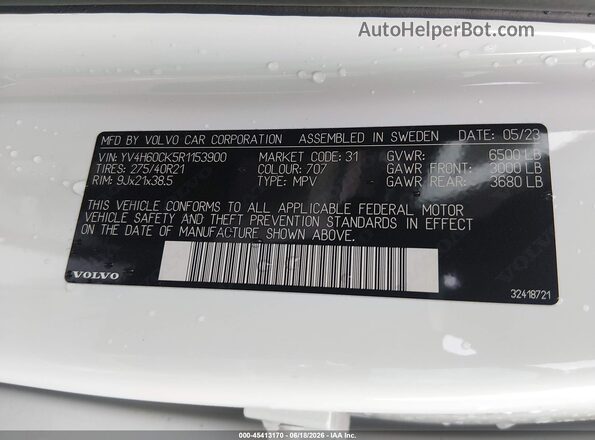 YV4H60CK5R1153900 2024 VOLVO XC90 RECHARGE PLUG-IN HYBRID White Widok komory silnika