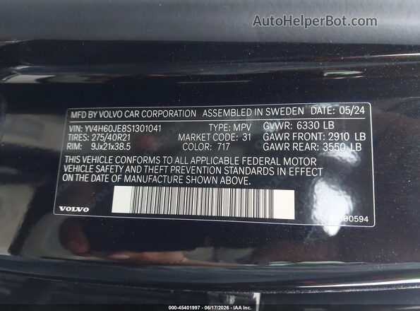 YV4H60JE8S1301041 2025 VOLVO XC90 PLUG-IN HYBRID Black ძრავის განყოფილების ხედი