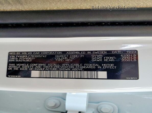 YV4H60LF7R1205742 2024 VOLVO XC90 White Widok naklejki z numerem VIN