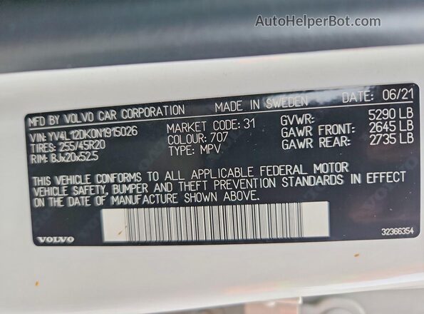 YV4L12DK0N1915026 2022 VOLVO XC60 White VIN կոդի պիտակի տեսք