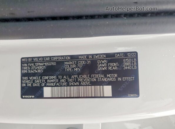 YV4L12PN4P1950760 2023 VOLVO XC90 Silver Widok naklejki z numerem VIN