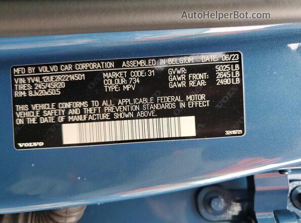 YV4L12UE2R2214501 2024 VOLVO XC40 Blue Vista interior de 360 grados