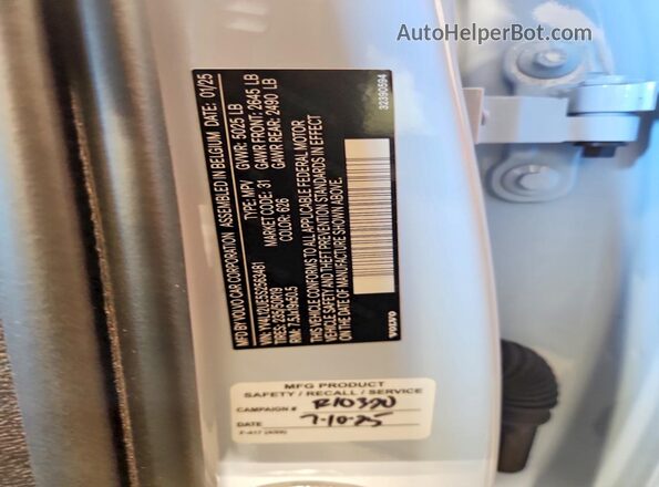 YV4L12UE5S2563481 2025 VOLVO XC40 White VIN sticker view