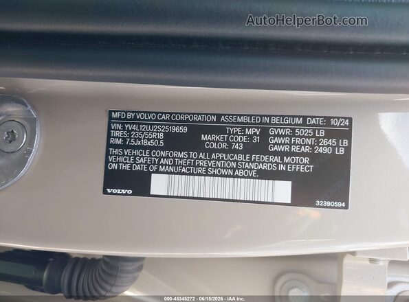 YV4L12UJ2S2519659 2025 VOLVO XC40 Beige Vista del compartimento del motor