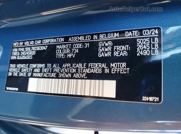 YV4L12UL7R2363047 2024 VOLVO XC40 Blue Vista de la etiqueta del VIN